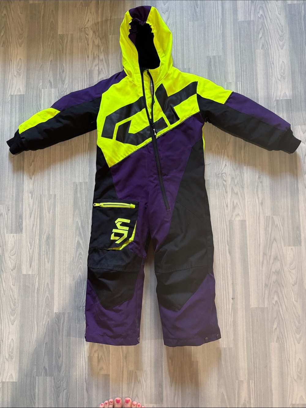 Choko Brand Kids One-Piece Monosuit Snow Suit - Neon Yellow, Purple & Black
